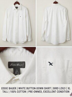 EDDIE BAUER | WHITE BUTTON-DOWN SHIRT | BIRD LOGO | XL TALL | 100% COTTON | PRE-